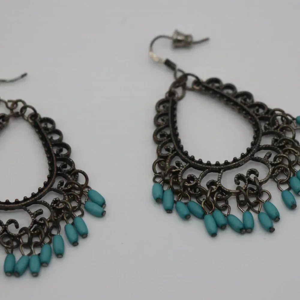 Vintage Blue Bead Dangle Earrings Dark Metal Scroll Design